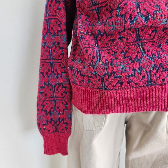 Vintage 80s Isle of Cotton Red Blue Geometric Knit Sweater Drop Shoulder L - Picture 9 of 9